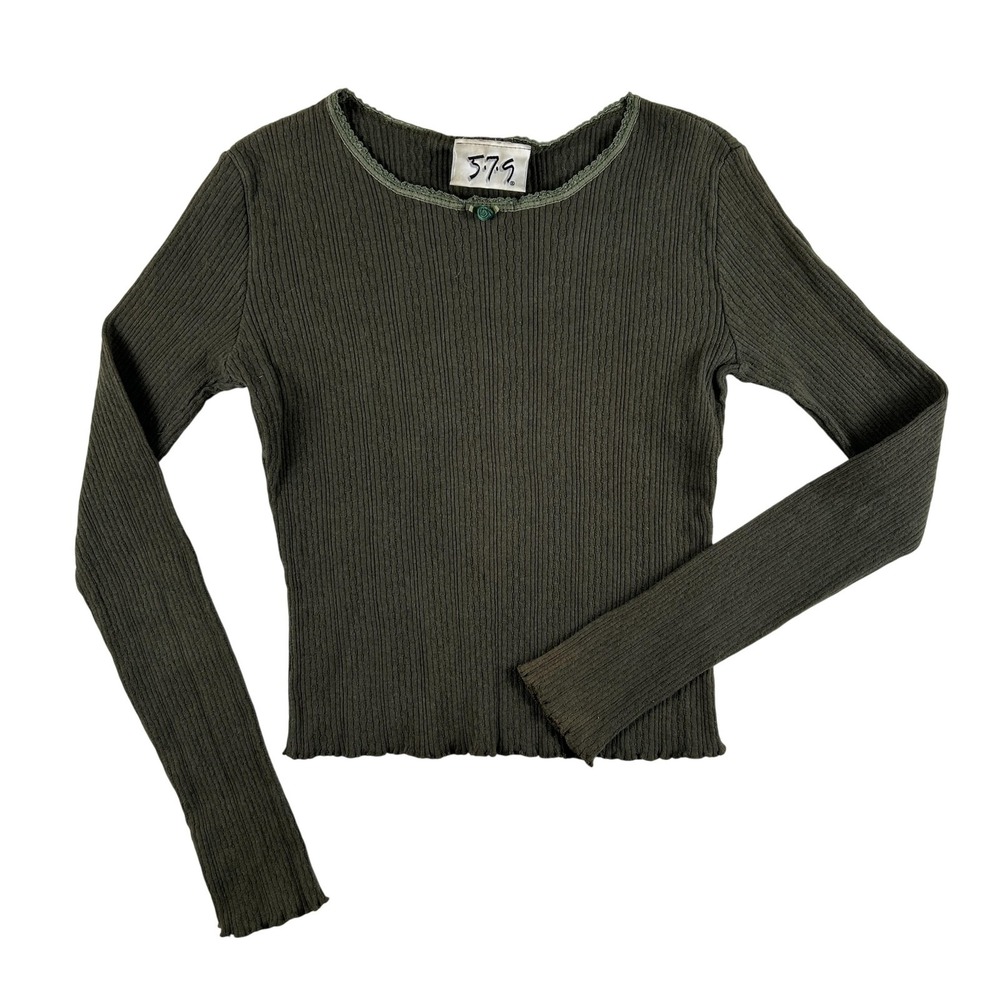 Vintage 5.7.9 Shirt Womens XS Green Ribbed Long Sleeve Lettuce Hem Crop Y2K‎ Bow